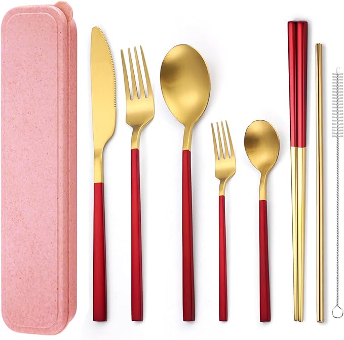 AARainbow 8 Pieces Stainless Steel Flatware Set Portable Reusable Cutlery Set Travel Utensils Set Including Chopsticks Knife Fork Spoon Straws Cleaning Brush Dishwasher Safe (B-Red Golden)