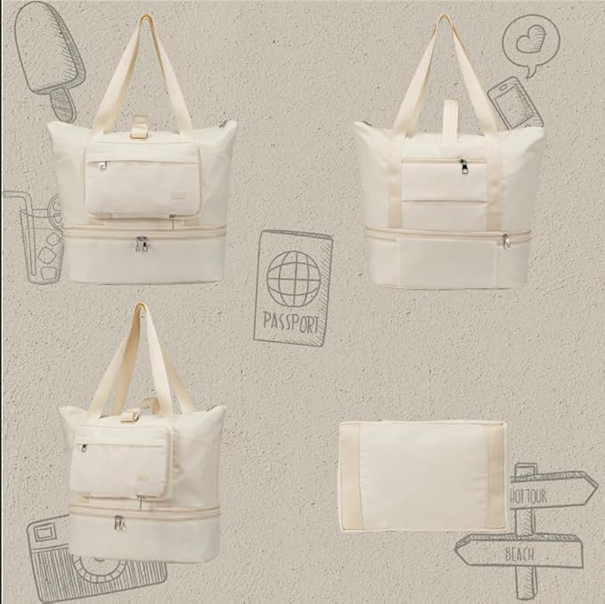 Gym Bag, Foldie Travel Bag Expandable, Duffle Bag, Canvas Tote Bag with Yoga Mat Strap and Shoes Compartment Wet Pocket