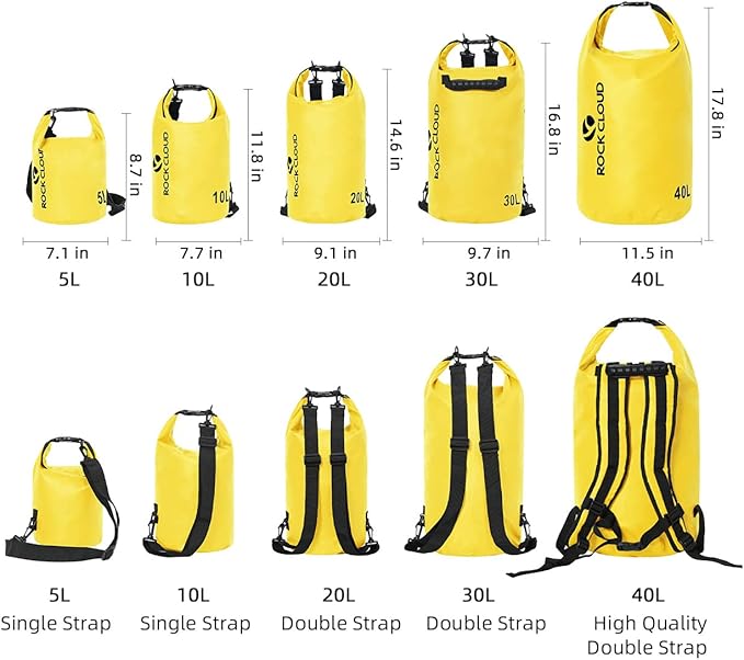 ROCK CLOUD Dry Bag Waterproof 10L Dry Sack for Kayaking Rafting Boating Beach Surfing Swimming Canoe Camping Hiking Fishing Ski, Yellow