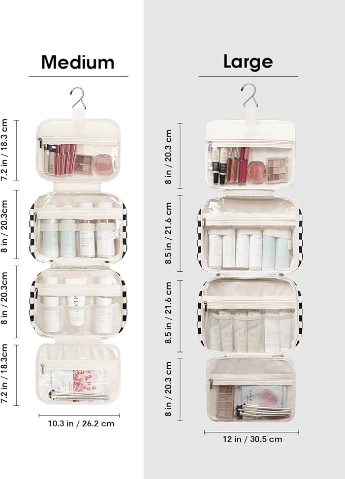 Narwey Travel Toiletry Bag for Women Large Hanging Makeup Bag Organizer Toiletries Bag for Full Size Essentials Accessories Cosmetics (Black Checkerboard (Large))