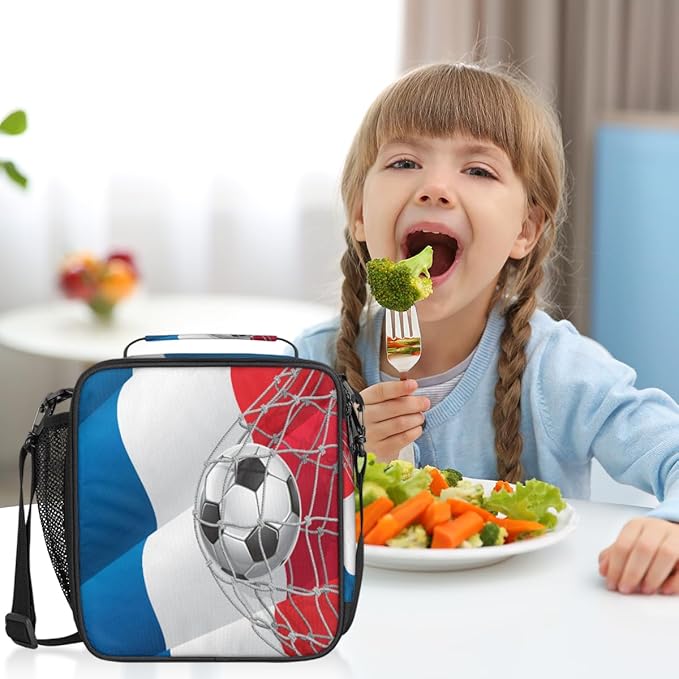Pardick Soccer Insulated Lunch Bag for Boys Kids Sport Football Lunch Box French Flag Tote Bag Reusable Lunch Cooler Containers for School Picnic Work Travel Outdoor