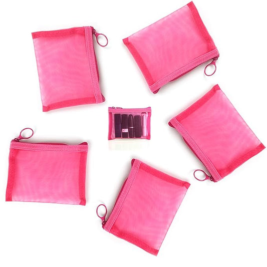 patu Mini Zipper Mesh Bags, 4" x 5", Size S / A7, 5 Pieces, Beauty Makeup Lipstick Cosmetic Accessories Organizer, Small Travel Kit Storage Pouch, Pink