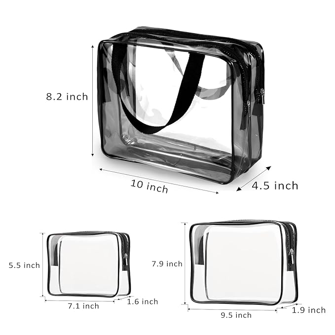 3Pcs Crystal Clear PVC Travel Toiletry Bag Kit for Women Men, Waterproof Vinyl Packing Organizer Storage Bags with Zipper Handle Straps, Cosmetic Pouch Carry on Airport Airline Compliant Bag Handbag