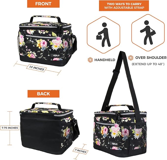 opux Insulated Lunch Box Men Women, Lunch Bag for Work School, Leakproof Soft Cooler Tote Adult, Large Lunch Pail Kids Boys Girls, Picnic Beach Food Bag with Shoulder Strap, Black Floral