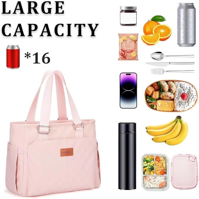Large Women's Insulated Lunch Bag, Pink, 12L, Reusable, Durable, Adjustable Carrying Options