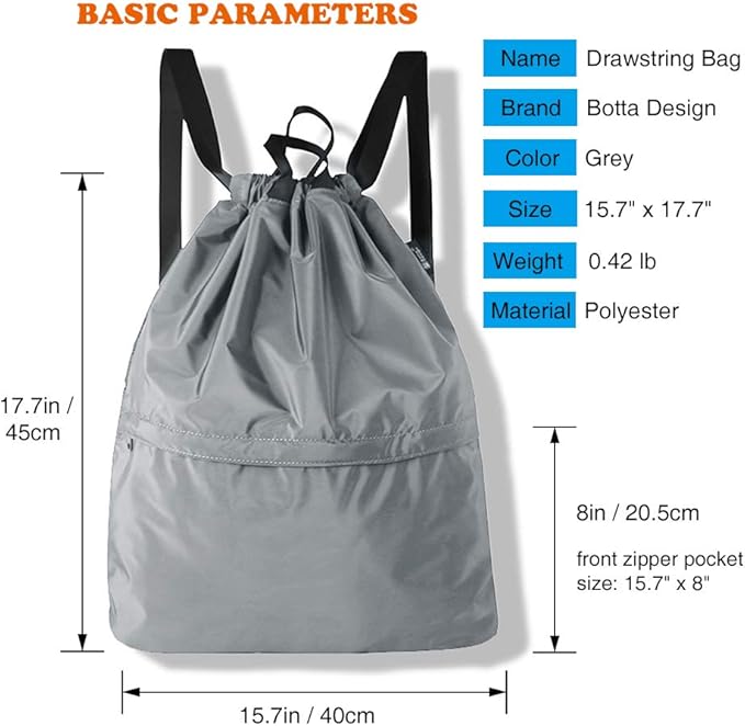 Drawstring Bags with Zipper Pocket, Waterproof Drawstring Backpack for Women and Men 15.7" x 17.7"