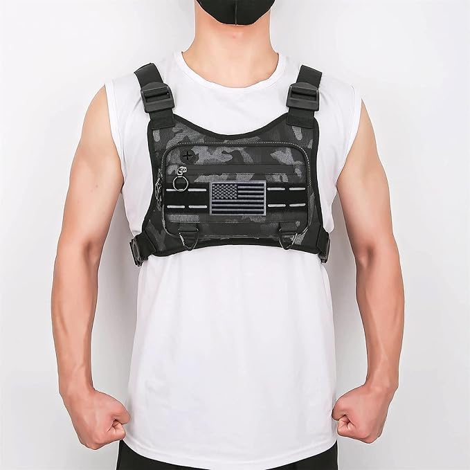 Sports Chest Bag For Men Women, Water Resistant Lightweight Front Chest Pack, Running Vest Bag With Built-In Phone Holder & Extra Storage For Workouts, Running, Cycling (Camo)