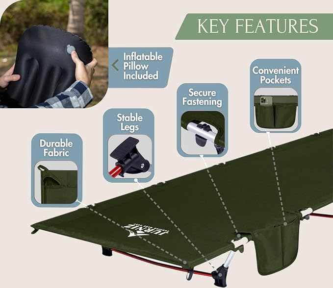 Ultralight Camping Cot with Inflatable Camping Pillow for Adults & Kids; Supports up to 330lbs; 4.85lbs Lightweight Portable Camping Bed for Hiking, Camping & Backpacking with Carry Bag (Green)