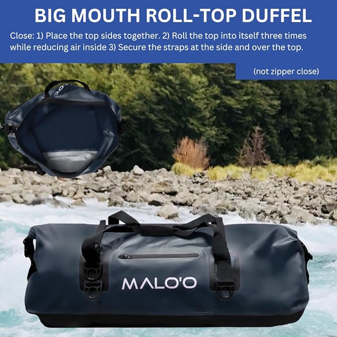Malo'o Waterproof Dry Bag Duffel 40L/60L/100L, Roll Top Duffel Keeps Gear Dry for Kayaking, Rafting, Boating, Swimming, Camping, Hiking, Beach, Fishing - Internal & External Pockets