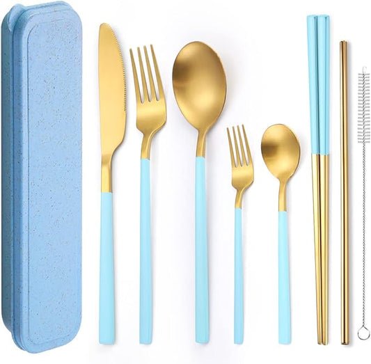 AARainbow 8 Pieces Stainless Steel Flatware Set Portable Reusable Cutlery Set Travel Utensils Set Including Chopsticks Knife Fork Spoon Straws Cleaning Brush Dishwasher Safe (B-Light blue Golden)