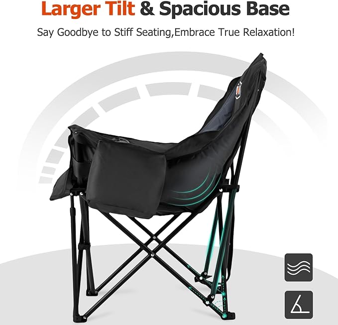 Overmont Oversized XL Camping Chair for Adults - 450lbs Support Heavy-Duty Padded Folding Chair with Side Pocket Cup Holder Cooling Bag for Outdoor Sports Garden Beach Fishing Lawn Black