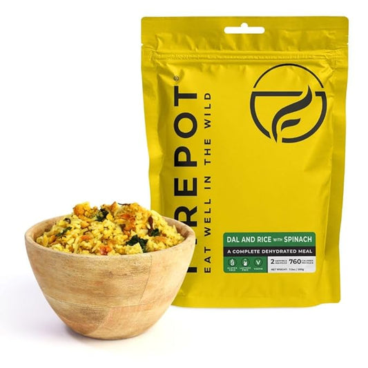 FIREPOT Dal and Rice with Spinach - Healthy Plant Based Dehydrated Camping & Backpacking Meals (2 Servings)