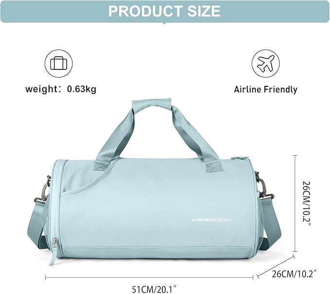 Gym Bag for Women & Men with Wet & Shoe Compartment, Small Duffle Bag for Travel, Sport, Gym, Workout, Overnight, Weekender, Carry-on - Light Blue