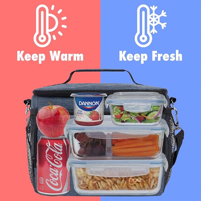 opux Insulated Lunch Bag for Men Women, Soft Lunch Box for Office Work School Picnic, Leakproof Lunch Cooler Bag with Shoulder Strap for Kid Adult Boy Girl, Medium Lunchbox Lunch Tote (Heather Navy)