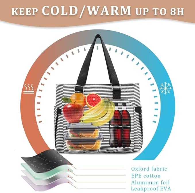 Large Women Lunch Bags for Work/Insulated Adult Lunch Box for Women/Leakproof Cooler Lunch Tote Bag with Storage Pocket. Reusable Lunch Cooler Purse for Work Picnic Hiking 14L, Stripe