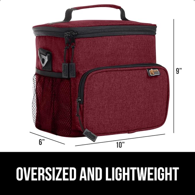GORILLA GRIP Reusable Insulated Lunch Box Bag for Women Men, Large Leakproof Soft Cooler Bags, Multiple Compartments, Mesh Pockets, Adjustable Strap, Food Tote Keeps Drinks Cold, 8L, 10x9, Burgundy