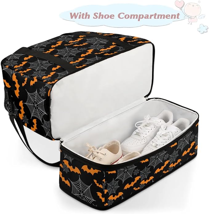 cfpolar Woman Travel Duffel Bag Halloween Bat Spider Web Foldable Tote Carry On Luggage Sports Gym Bag With Shoe Compartment Overnight Weekend Yoga Workout Bag Training Handbag