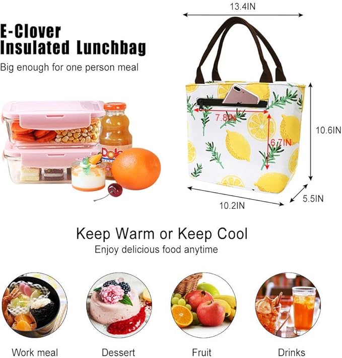E-Clover Lunch Box for Women Insulated Lunch Bags Cute Lunchbox Cooler Bag for Office Work Picnic Beach Lemon Gifts Hawaii Yellow White