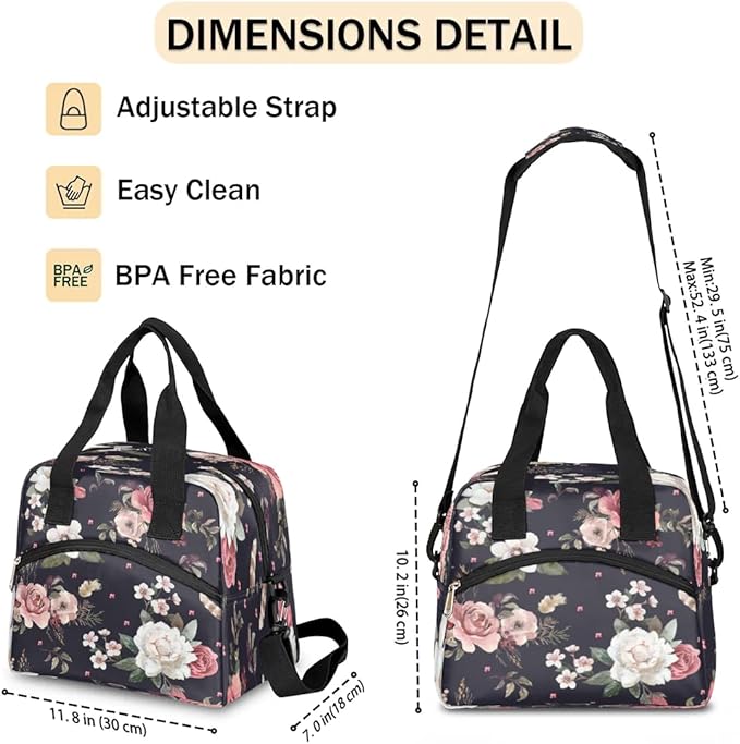 Insulated Lunch Bags for Women - Portable Leakproof Thermal Lunch Box Tote for Adult Men Cooler Bag with Adjustable Shoulder Strap for Work, Beach, Picnic or Travel (Flowers)