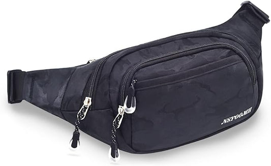 Fanny Pack for Women & Men, 5-Zipper Pockets Water Resistant Practical Waist Bag, for Outdoor Running Cycling Sports Travel Hiking Fishing Fashion Camo Black Belt Bags