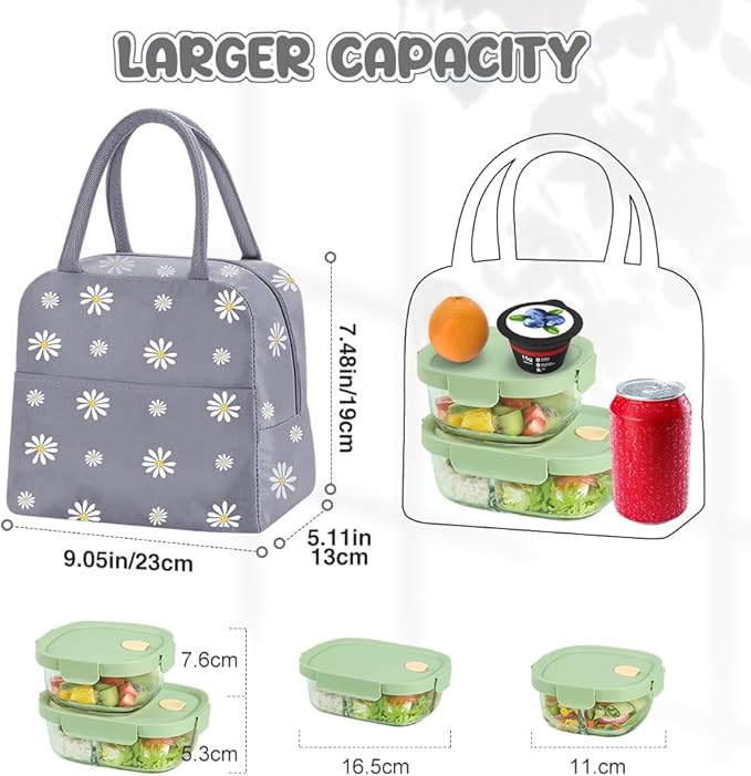 Reusable Insulated Lunch Bag for Women/Men/Adult Portable Thermal Lunch Box Tote Bag Small Lunch Bag with Daisy Pattern for Work & Any Occasion