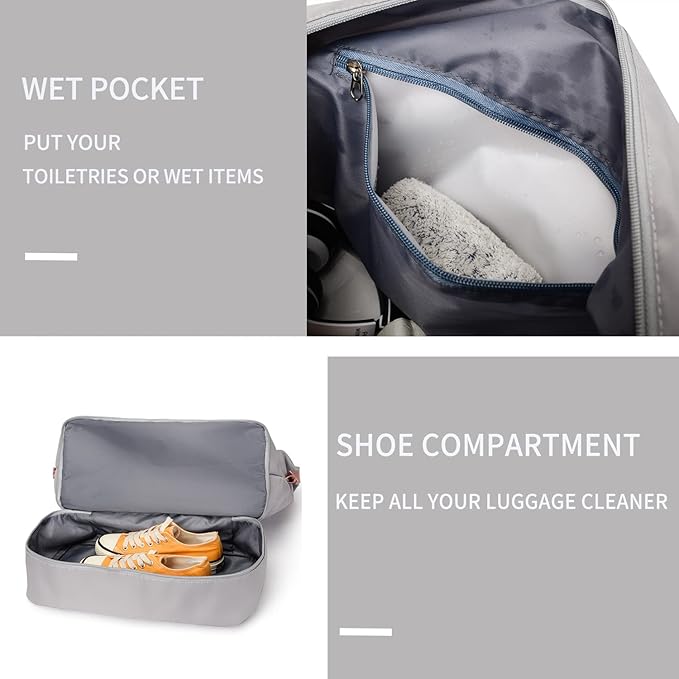 Large Travel Duffel Bag with Shoe Compartment, Gym Tote Carry on Bags for women, Lightweight Duffel Bags with Trolley Sleeve fit for Travel and Sport(Grey)