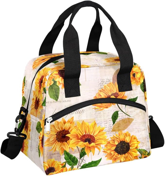 Sunflower Floral Insulated Lunch Bags for Women Men Adult Yellow Flower Reusable Lunch Tote Therma Cooler Bag with Shoulder Strap Lunch Box for School Work Office Picnic Meal Prep Bag