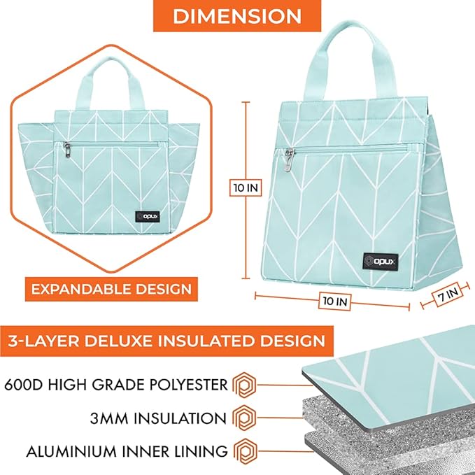 opux Lunch Bag for Women, Insulated Lunch Box Tote for Girls Kids Adult School Work, Reusable Womens Lunch Tote for Office Travel, Cute Small Lunch Tote, Fits 12 Cans - Chevron Teal