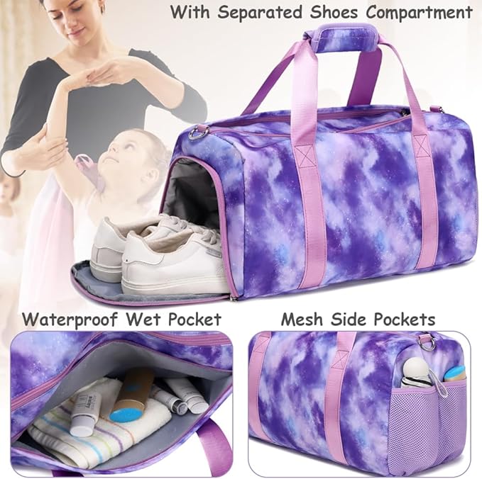 Dance Bag for Girls Gym Bag Sports Duffle Bag with Shoes Compartment Wet Pocket Weekender Overnight Bag for Girls Women Teens Travel Duffle Bag Water Resistant