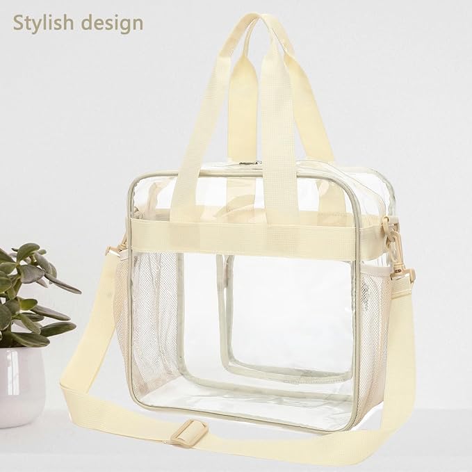 FlowFly Clear Bag for Stadium Events With Shoulder Strap for Women, Men, Large and Reusable Lunch Container, Work and Sporting Events, Travel 12x6x12 Clear Tote Bag, Clear#Biege