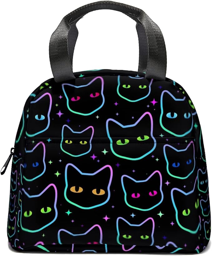 Giwawa Cartoon Black Cats Insulated Lunch Bag for Kids Galaxy Neon Kitten Reusable Lunch Box Colorful Animal Print Thermal Cooler Lunch Tote for Girls Boys School Men Women Office Picnic Camping