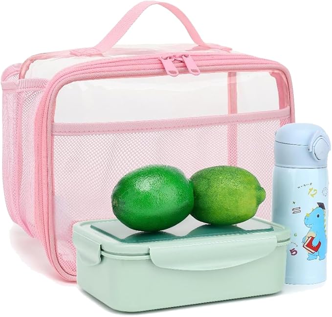 Insulated Lunch Box for School, Thermal Reusable Durable Freezable Lunch Bags for Kids Boys Girls Men Women - Small Soft Cooler Portable Lunch Tote Kit for Work Picnic Travel,Clear Pink