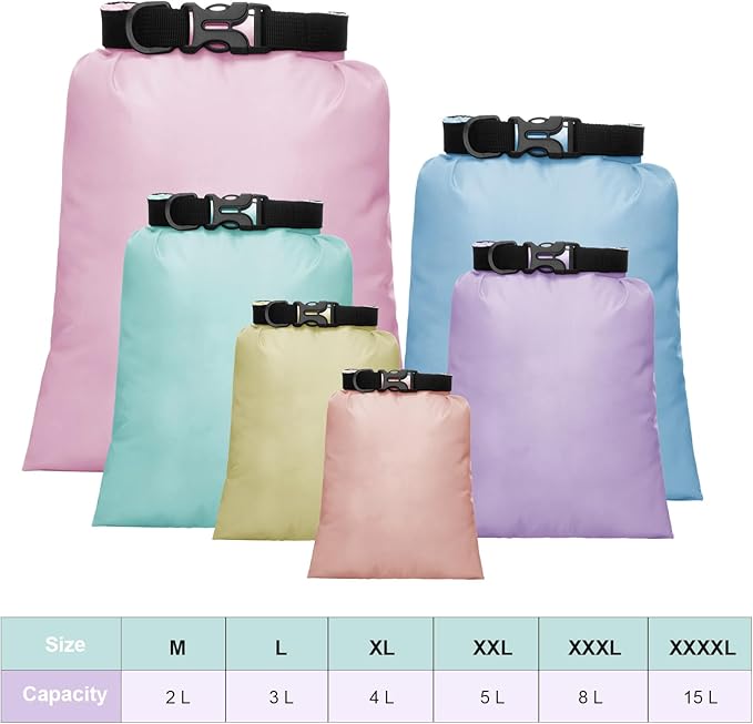 Shappy 6 Pcs Waterproof Dry Bag Set 6 Sizes Lightweight Sacks and Long Adjustable Shoulder Strap Outdoor Water Proof Keep Gear Dry Bag Stuff Sacks for Backpacking, Boating, Hiking, Camping (Macaron)
