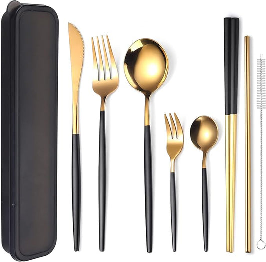 AARAINBOW 8 Pieces Stainless Steel Flatware Set Portable Reusable Cutlery Set Travel Utensils Set Including Chopsticks Knife Fork Spoon Straws Cleaning Brush Dishwasher Safe (Black Golden)