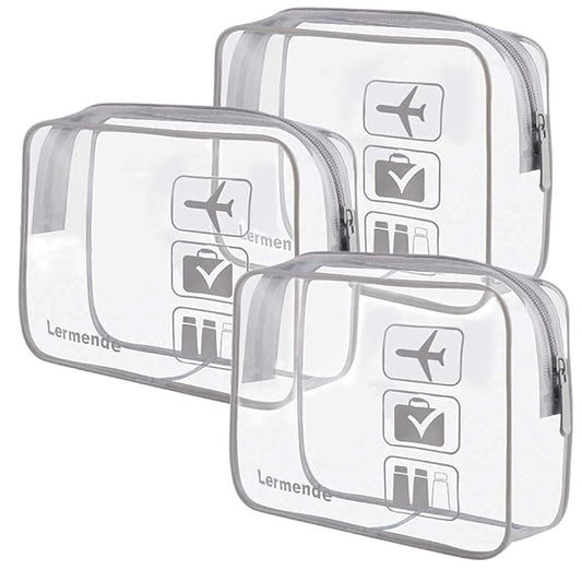 Lermende 2pcs Clear Toiletry Bag TSA Approved Travel Bag,Carry On for Travel,Airport Airline Accessories Compliant Bag,Quart Sized Makeup Cosmetic bag Women Men (Gray, 3 Pack)