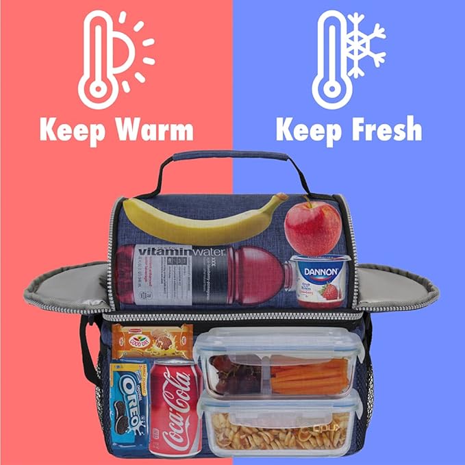OPUX Lunch Box for Men, Adult Lunch Box Cooler, Insulated Lunch Bag Women, Dual Compartment Lunchbox for Work, Leakproof Double Decker Lunch Bag, Soft Lunch Pail Tote Boys Girls Kids School, Navy Blue