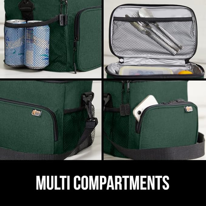 GORILLA GRIP Reusable Insulated Lunch Box Bag, Large Capacity, Leakproof Soft Cooler Bags, Mesh Pockets and Adjustable Strap, Food Tote for Work Camping School, Keep Drinks Cold, 8L, 10x9 Hunter Green