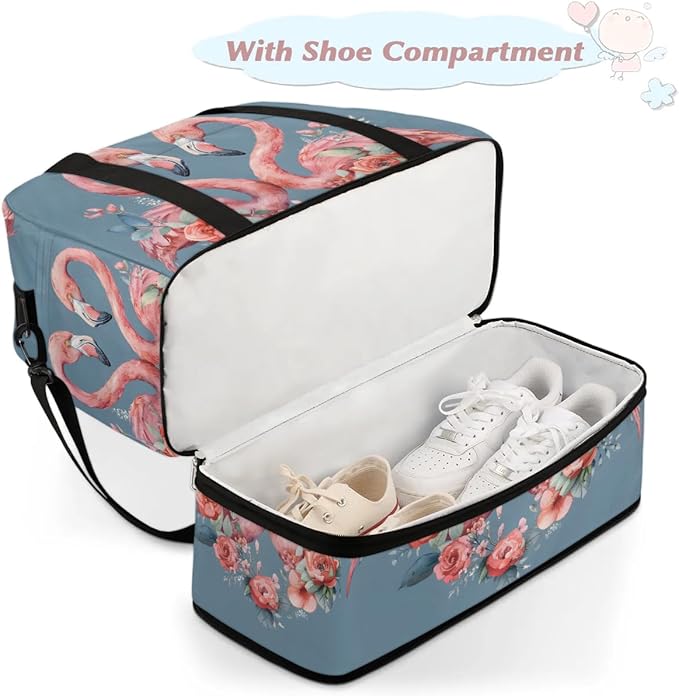 cfpolar Woman Travel Duffel Bag Heart Flamingo Flower Foldable Tote Carry On Luggage Sports Gym Bag With Shoe Compartment Overnight Weekend Yoga Workout Bag Training Handbag