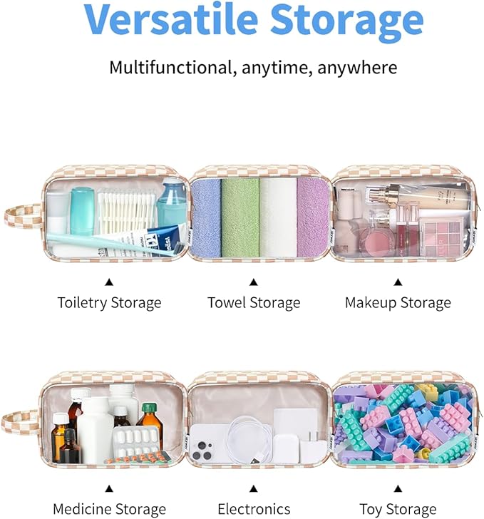 Narwey Clear Makeup Bag Cosmetic Bag with Zipper for Travel, Clear Toiletry Bags for Traveling Toiletries Women Men, Make Up Pouch Organizer with Handle, Skincare Bag (Light Checkerboard)