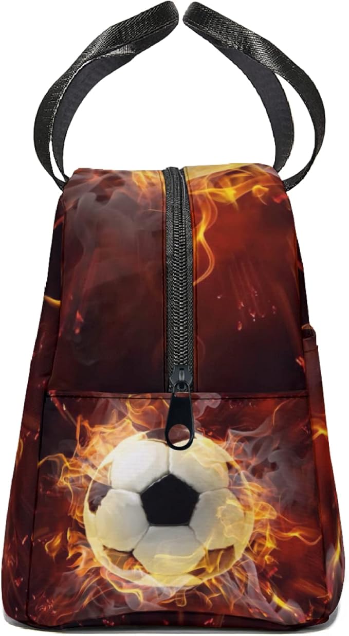 Giwawa Soccer Lunch Bag for Kids, Fire Sport Ball Insulated Reusable Lunch Box, 3D Football Print Thermal Cooler Lunch Tote Bag for Boys Girls School Men Women Office Picnic