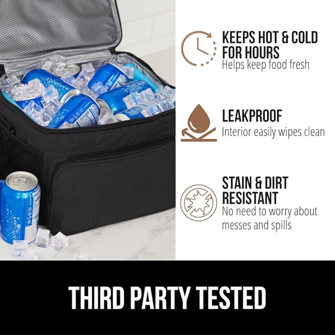 GORILLA GRIP Reusable Insulated Lunch Box Bag for Women Men,15L, Leakproof XL Soft Cooler Bags, Multiple Compartments, Mesh Pockets and Adjustable Strap, Food Tote Keeps Drinks Cold, 13x9, Black