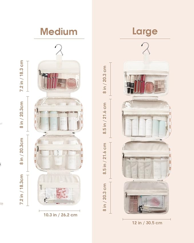 Narwey Hanging Toiletry Bag for Women Travel Makeup Bag Organizer Toiletries Bag for Travel Size Essentials Accessories Cosmetics (Light Checkerboard (Medium))