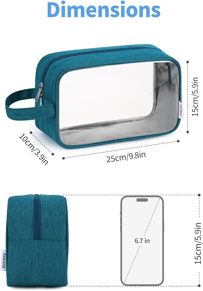 Narwey Clear Travel Toiletry Bags for Traveling Toiletries Men Women, Clear Makeup Bag Cosmetic Bag with Zipper, Make Up Pouch Organizer Bags with Handle, Skincare Bag (Teal)