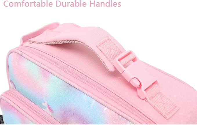 FlowFly Kids Lunch box Insulated Soft Bag Mini Cooler Back to School Thermal Meal Tote Kit for Girls, Boys,Glitter-Unicorn