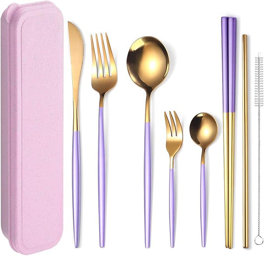 AARAINBOW 8 Pieces Stainless Steel Flatware Set Portable Reusable Cutlery Set Travel Utensils Set Including Chopsticks Knife Fork Spoon Straws Cleaning Brush Dishwasher Safe (Purple Golden)