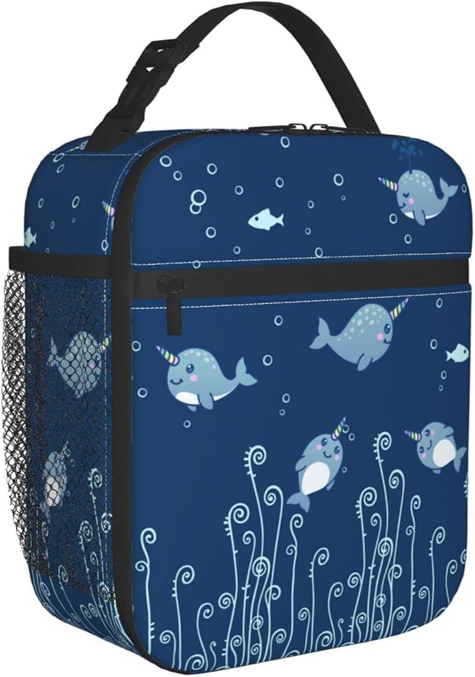 Cute Sea Narwhal Lunch Box Reusable Insulated Totes Lunch Bag Thermal Cooler For Boy Girls School Men Women Beach Picnic Travel