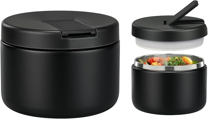 12oz Kids Soup Thermo for Hot Food Insulated Vacuum Food Jar with Buckle Lid, Stainless Steel Wide Mouth Leak Proof Lunch Container for School Travel-Black