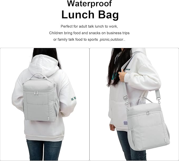 NOL Natural Organic Lifestyle Insulated Lunch Bags for Women Cooler Bag Lightweight Nylon Waterproof Lunch Box For Work (Gray White, Large)