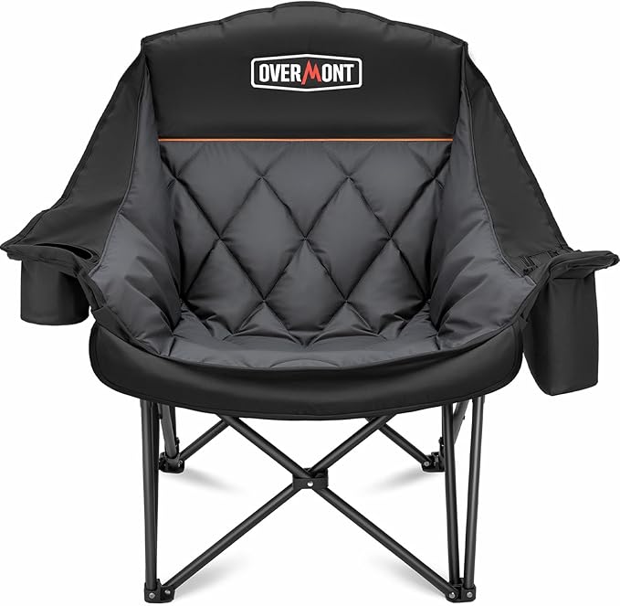 Overmont Oversized XL Camping Chair for Adults - 450lbs Support Heavy-Duty Padded Folding Chair with Side Pocket Cup Holder Cooling Bag for Outdoor Sports Garden Beach Fishing Lawn Black