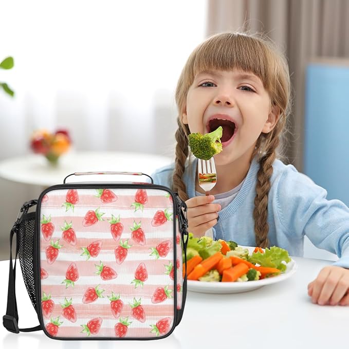 Fruit Strawberry Insulated Lunch Bag Girls,Kids Thermal Meal Cute Pink Stripe Reusable Lunch Box Children Waterproof Back to School Picnic